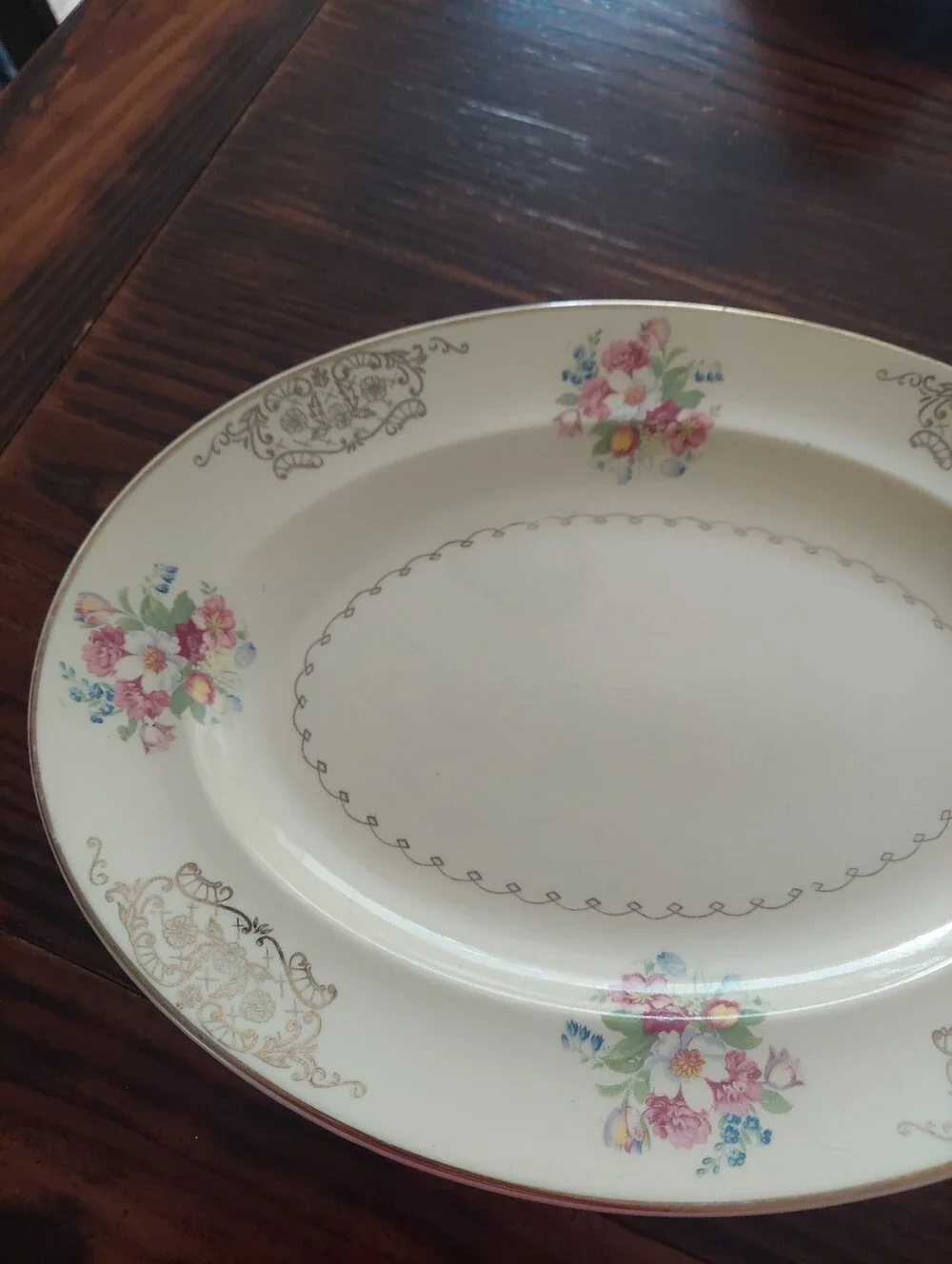 Cream Porcelain Floral Serving Platter with Gold Trim